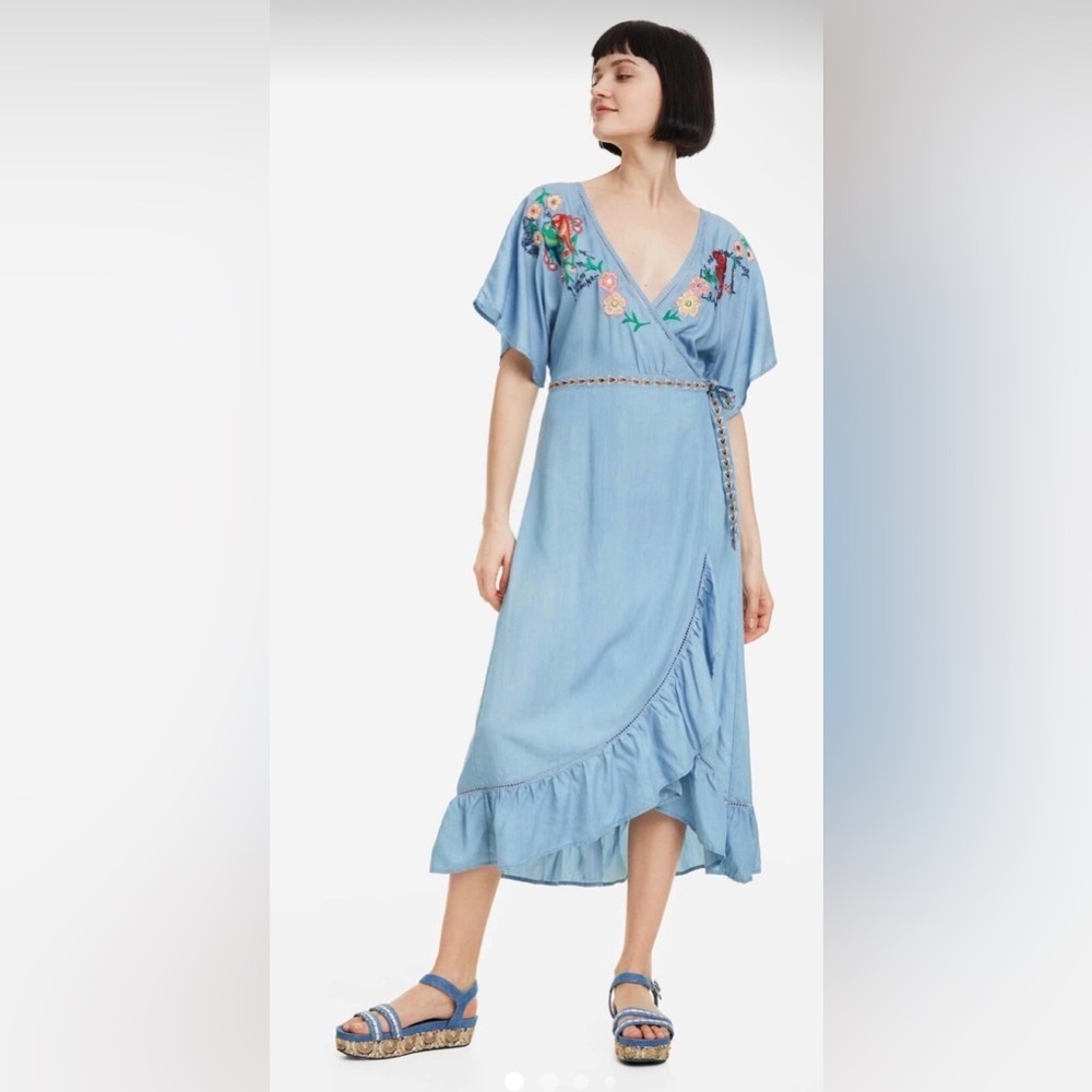 Desigual Embroidered Maxi Dress Light Blue Lyocell Tie Waist Size 44